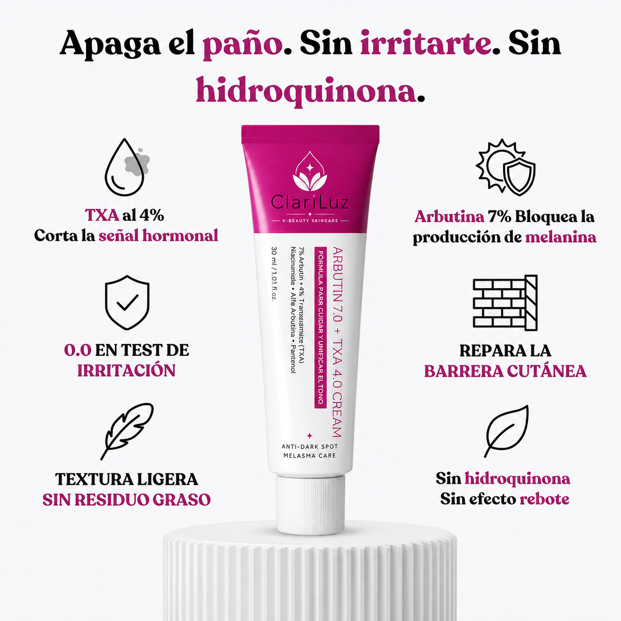 ClariLuz Crema Anti-Paño · Fórmula 4 Vías